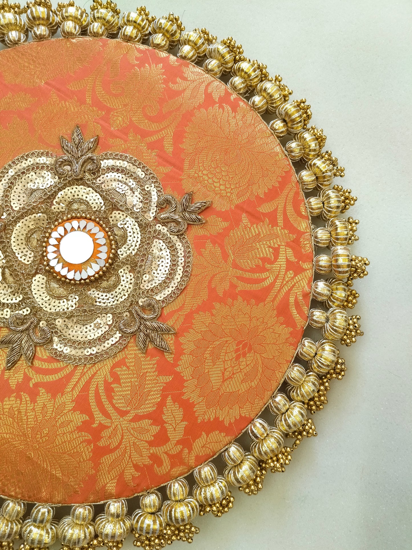 Mandala Placemat – Orange Dabka Flower | Various Sizes | Handcrafted Banarasi Decor