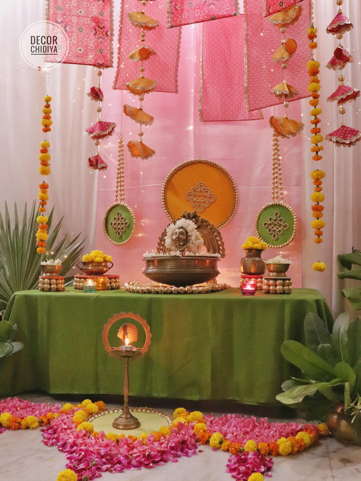 Aangan Mein Aarti - Pastel theme kolam inspired pooja setup - Pink, yellow and green