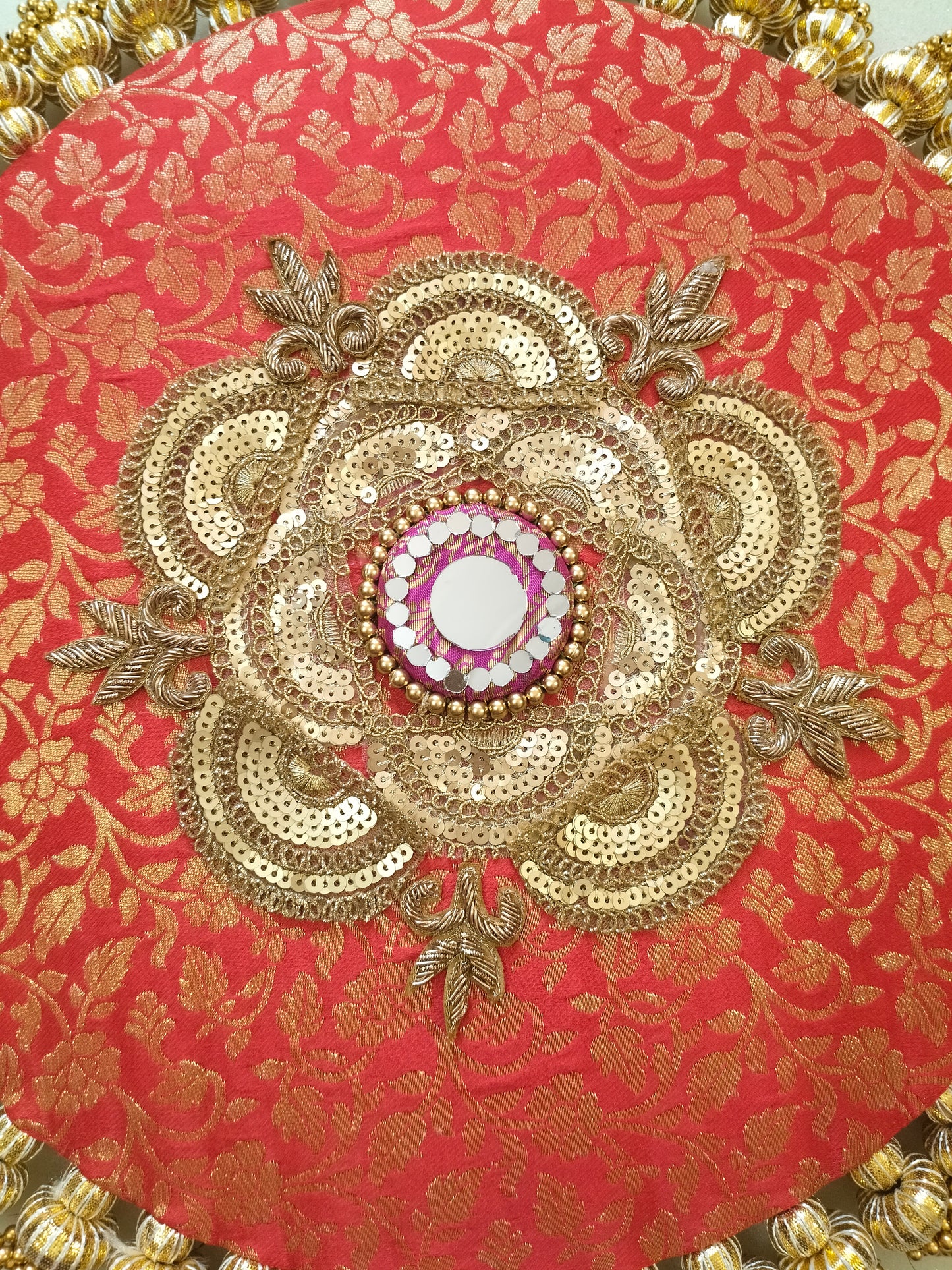 Mandala Placemat – Red Dabka Flower | Various Sizes | Handcrafted Banarasi Decor
