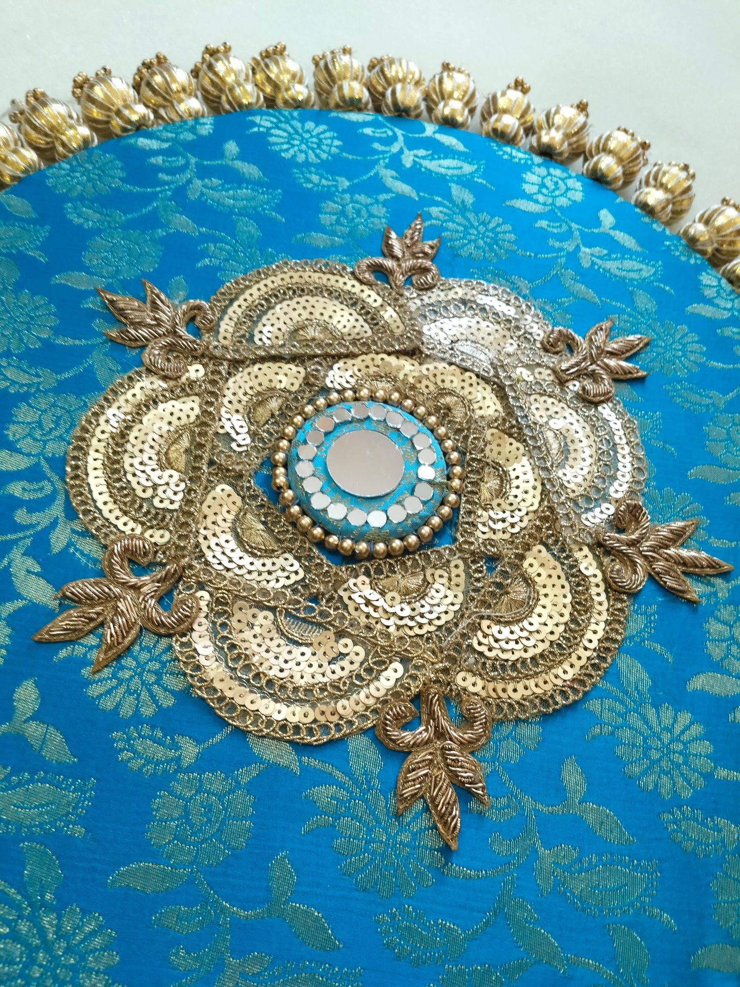 Mandala Placemat – Teal Blue Dabka Flower | Various Sizes | Handcrafted Banarasi Decor