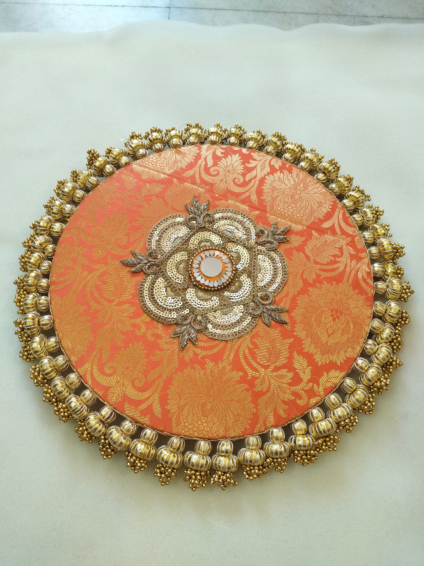 Mandala Placemat – Orange Dabka Flower | Various Sizes | Handcrafted Banarasi Decor