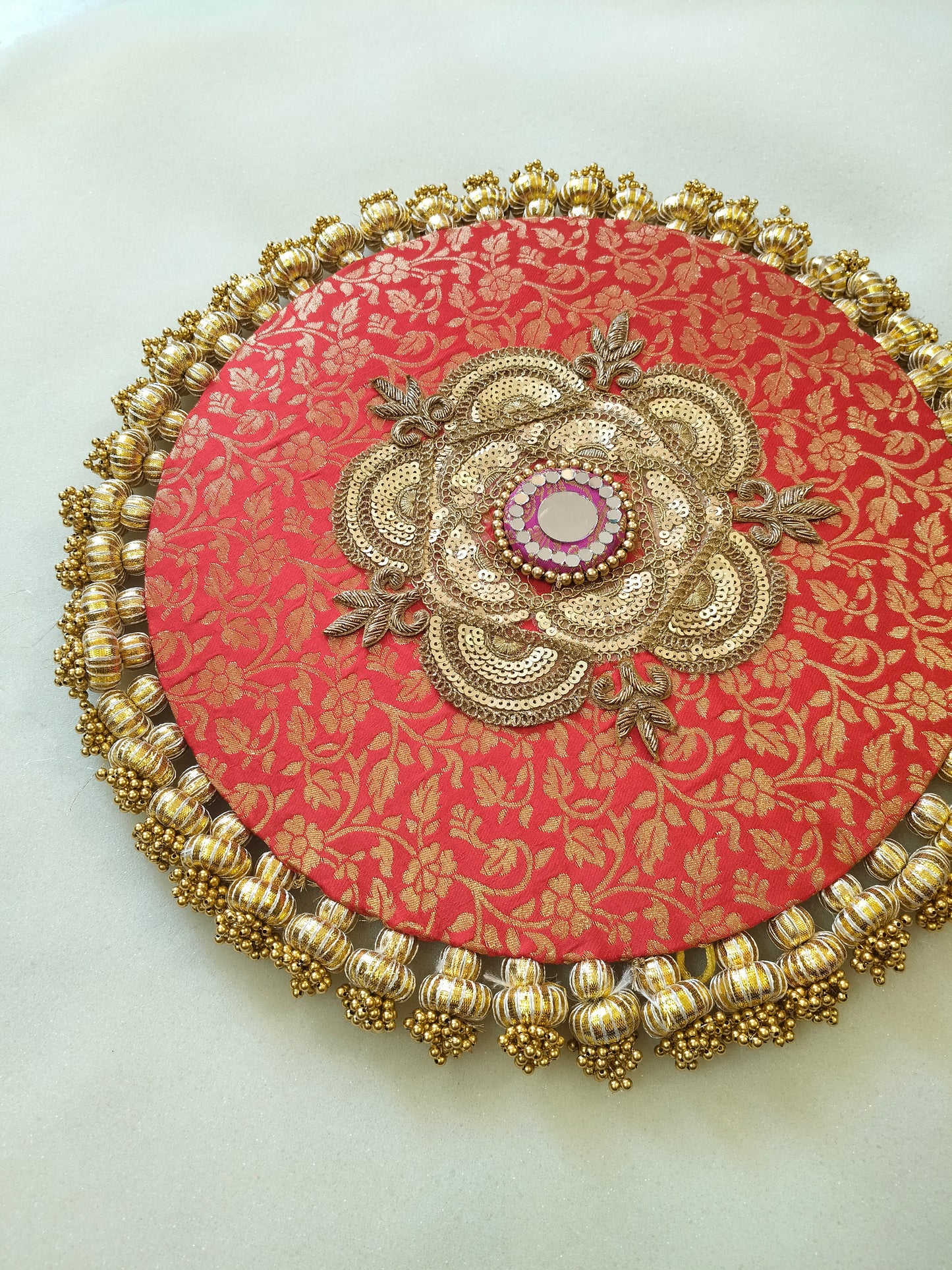 Mandala Placemat – Red Dabka Flower | Various Sizes | Handcrafted Banarasi Decor