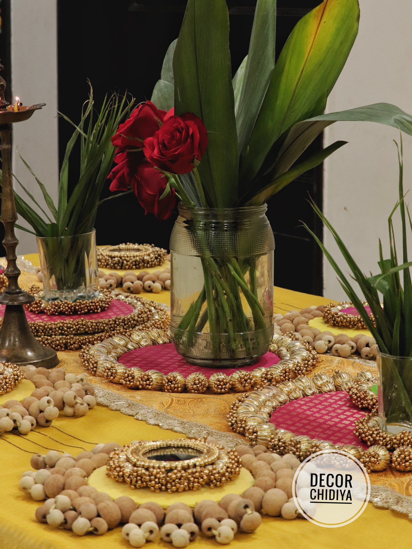 Abha – Haldi and Table Decor Set in Yellow & Pink | Indian Festive Tablescape Styling Kit ( complete set - 21 pcs)