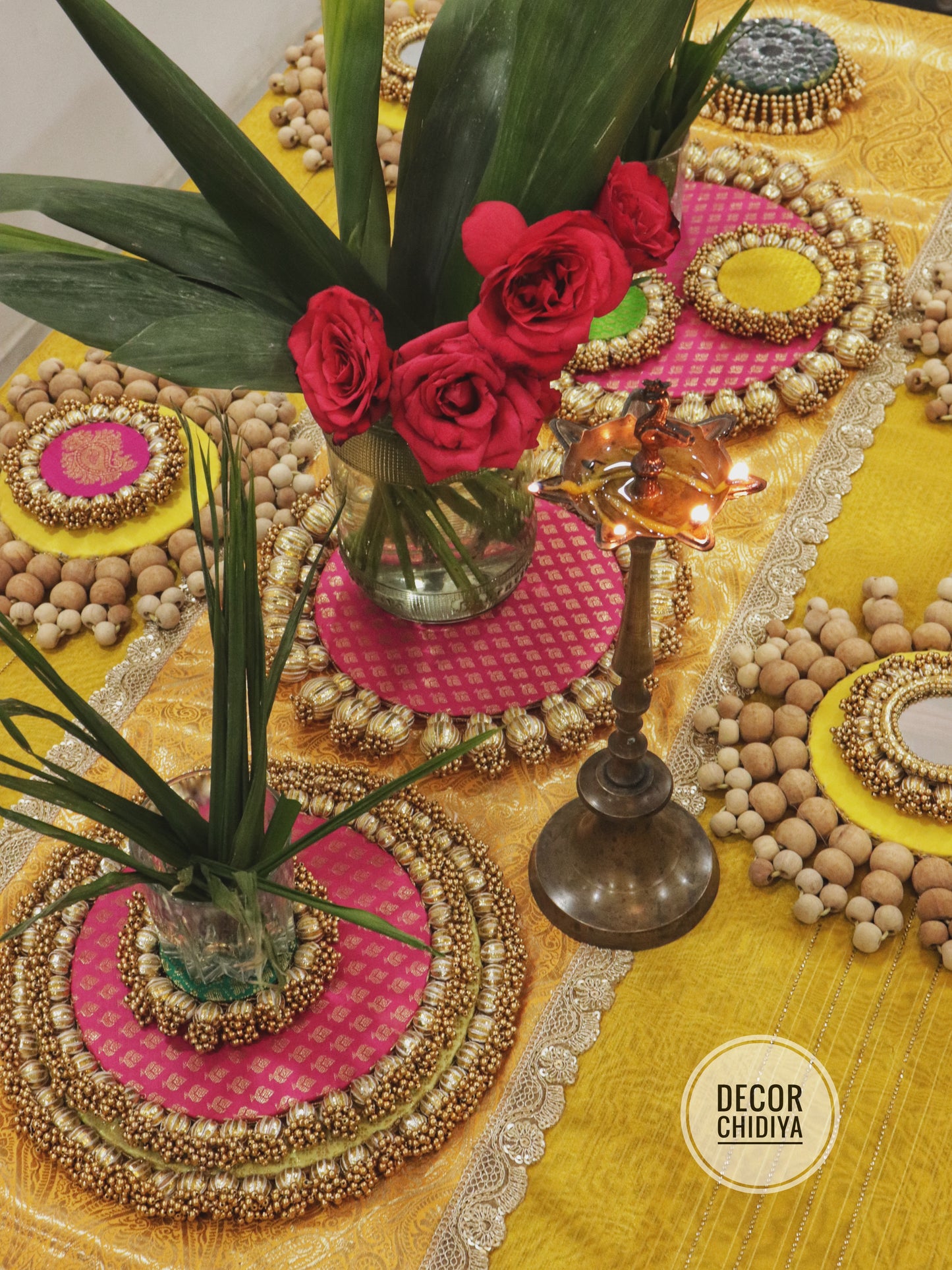 Abha – Haldi and Table Decor Set in Yellow & Pink | Indian Festive Tablescape Styling Kit ( complete set - 21 pcs)