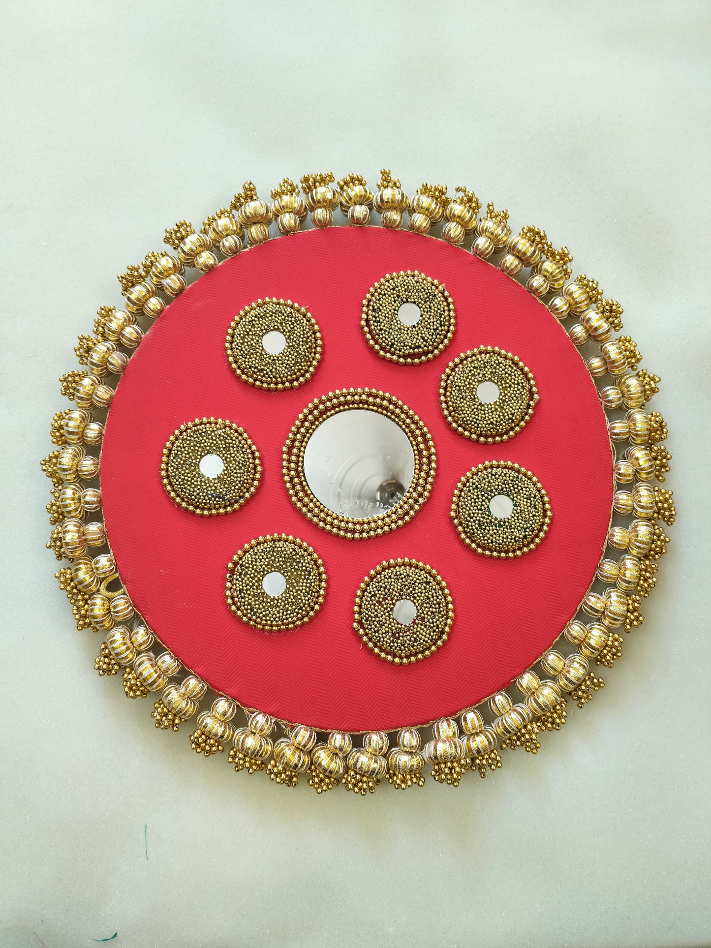 Mandala Placemat – Red Dabka Flower | Various Sizes | Handcrafted Banarasi Decor