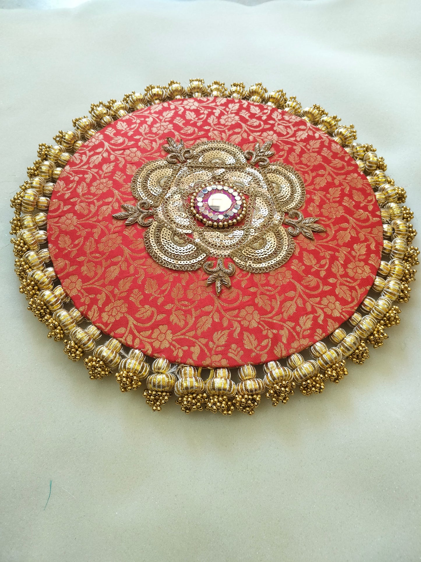 Mandala Placemat – Red Dabka Flower | Various Sizes | Handcrafted Banarasi Decor