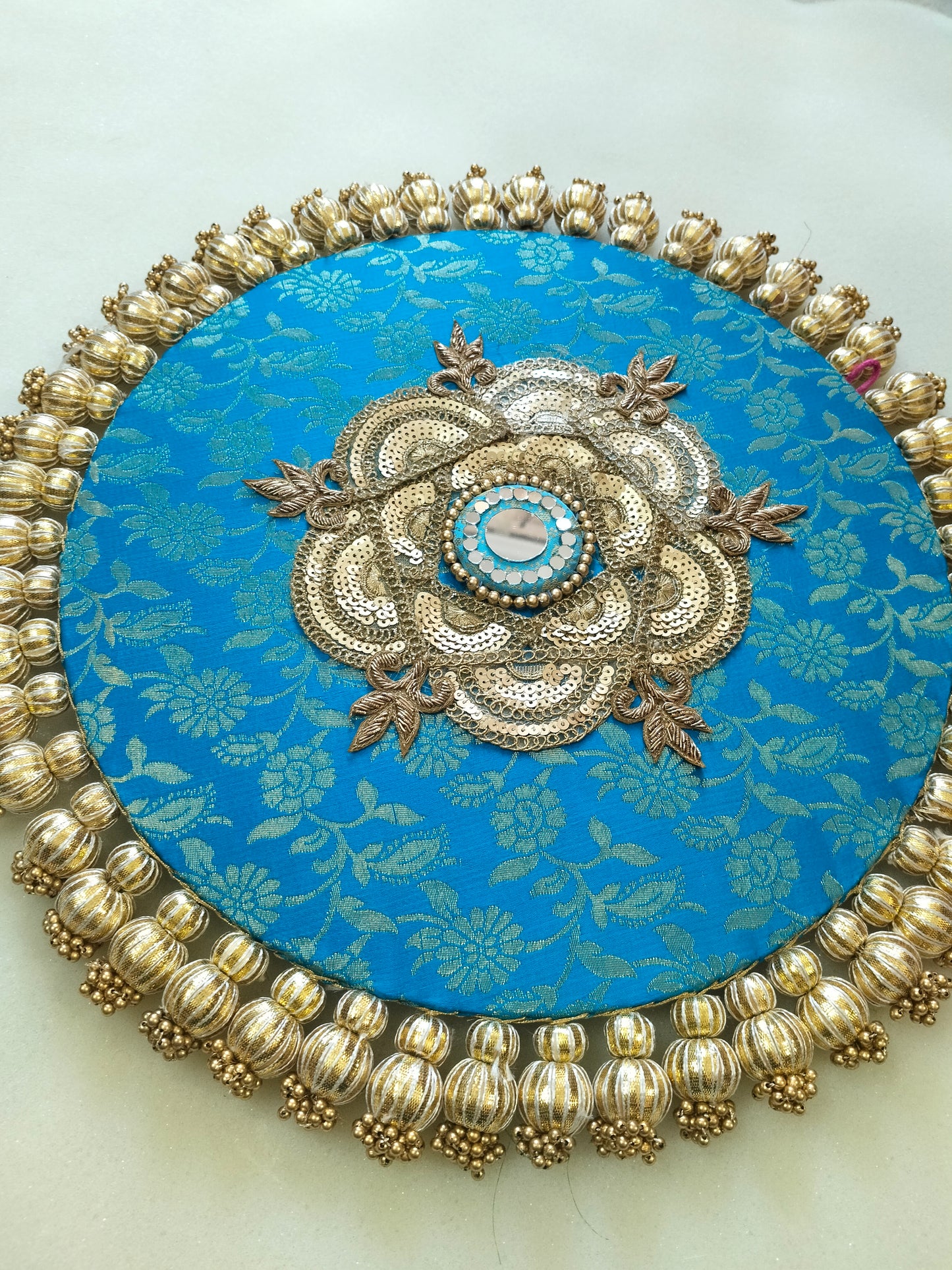 Mandala Placemat – Teal Blue Dabka Flower | Various Sizes | Handcrafted Banarasi Decor