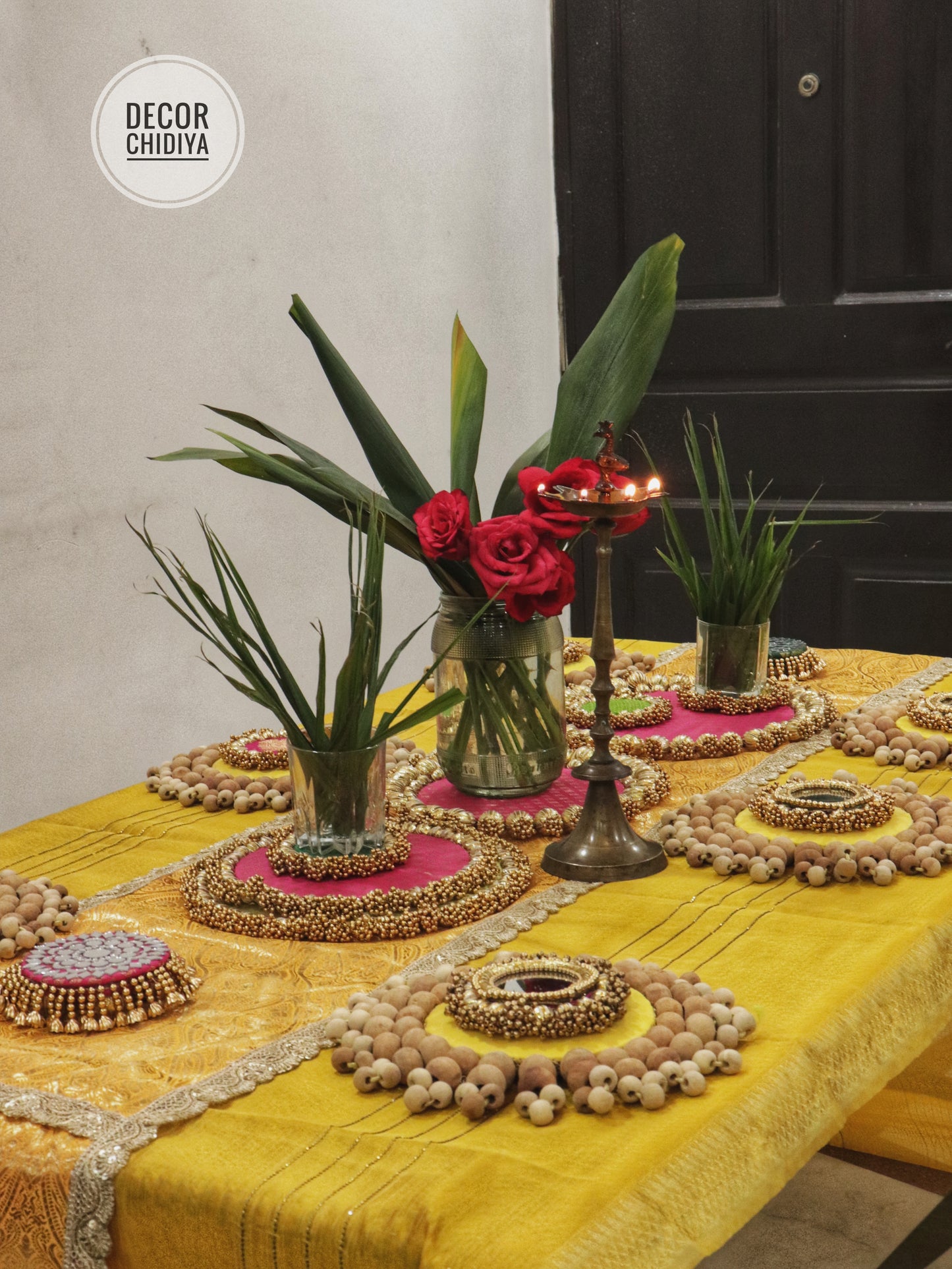Abha – Haldi and Table Decor Set in Yellow & Pink | Indian Festive Tablescape Styling Kit ( complete set - 21 pcs)