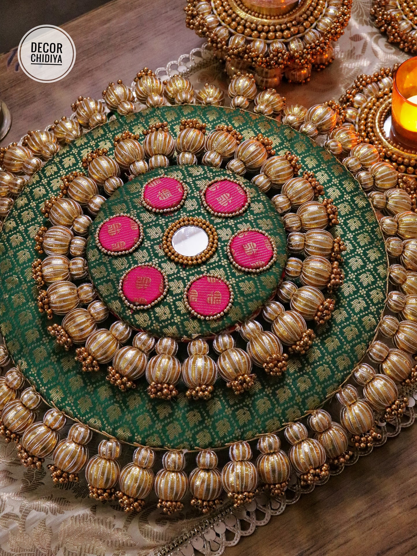 Mandala Coffee Table Decor Set – Green & Gold Placemat, Runner | Handmade Festive & Pooja Styling
