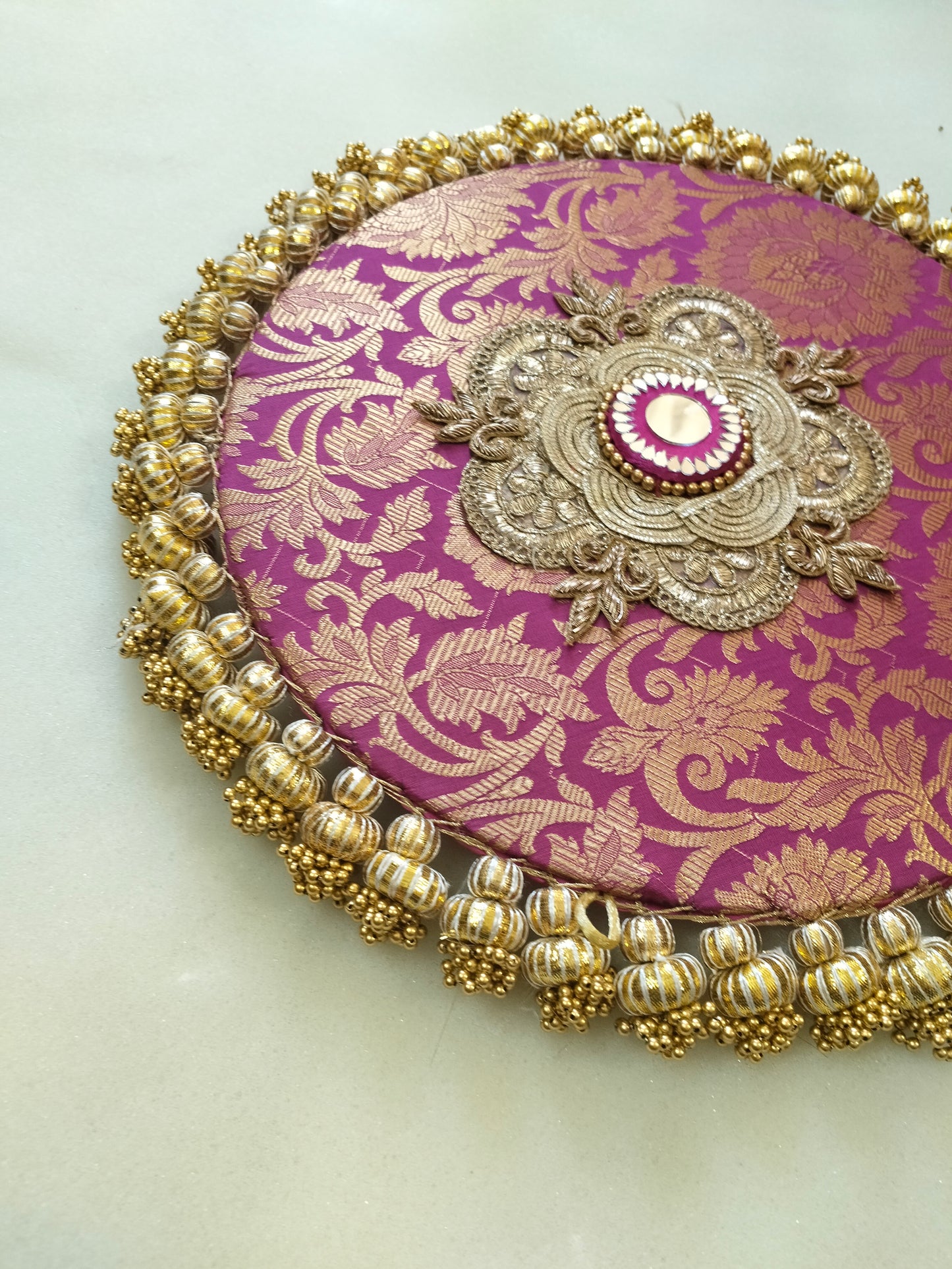 Mandala Placemat – Guabi pink Dabka Flower | Various Sizes | Handcrafted Banarasi Decor