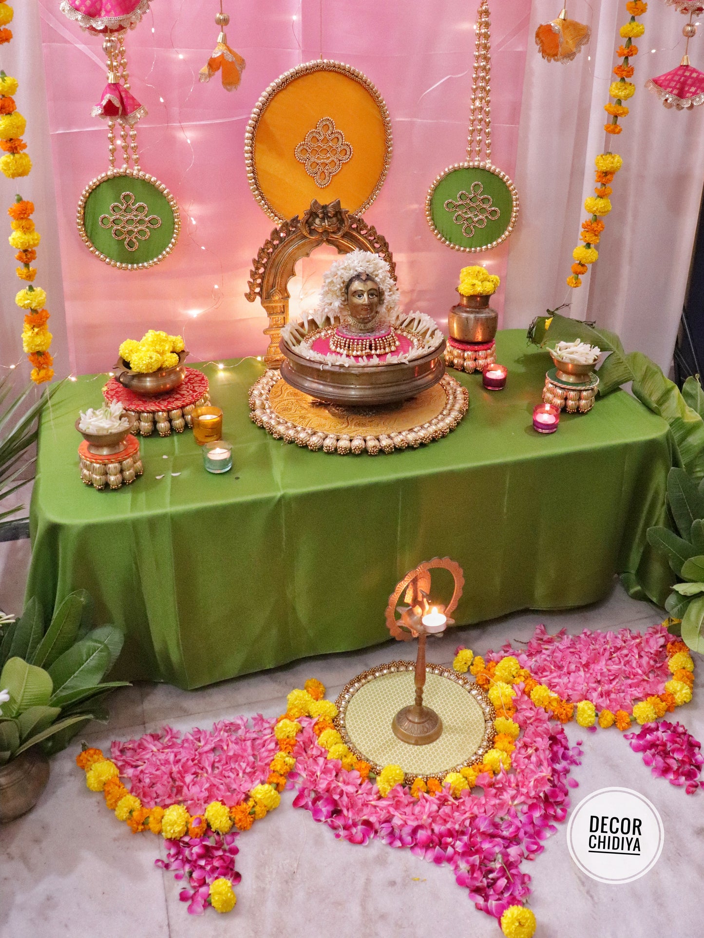 Aangan Mein Aarti - Pastel theme kolam inspired pooja setup - Pink, yellow and green