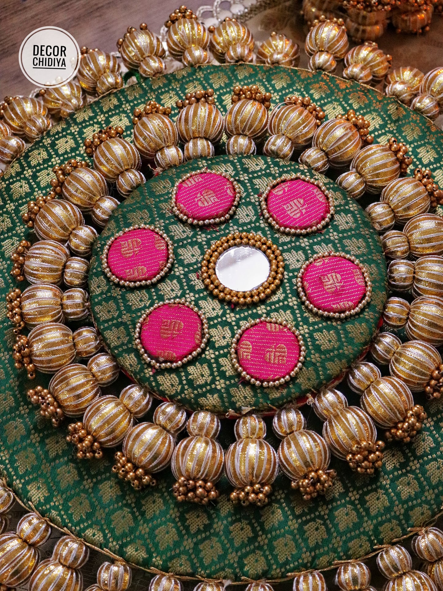 Mandala Coffee Table Decor Set – Green & Gold Placemat, Runner | Handmade Festive & Pooja Styling