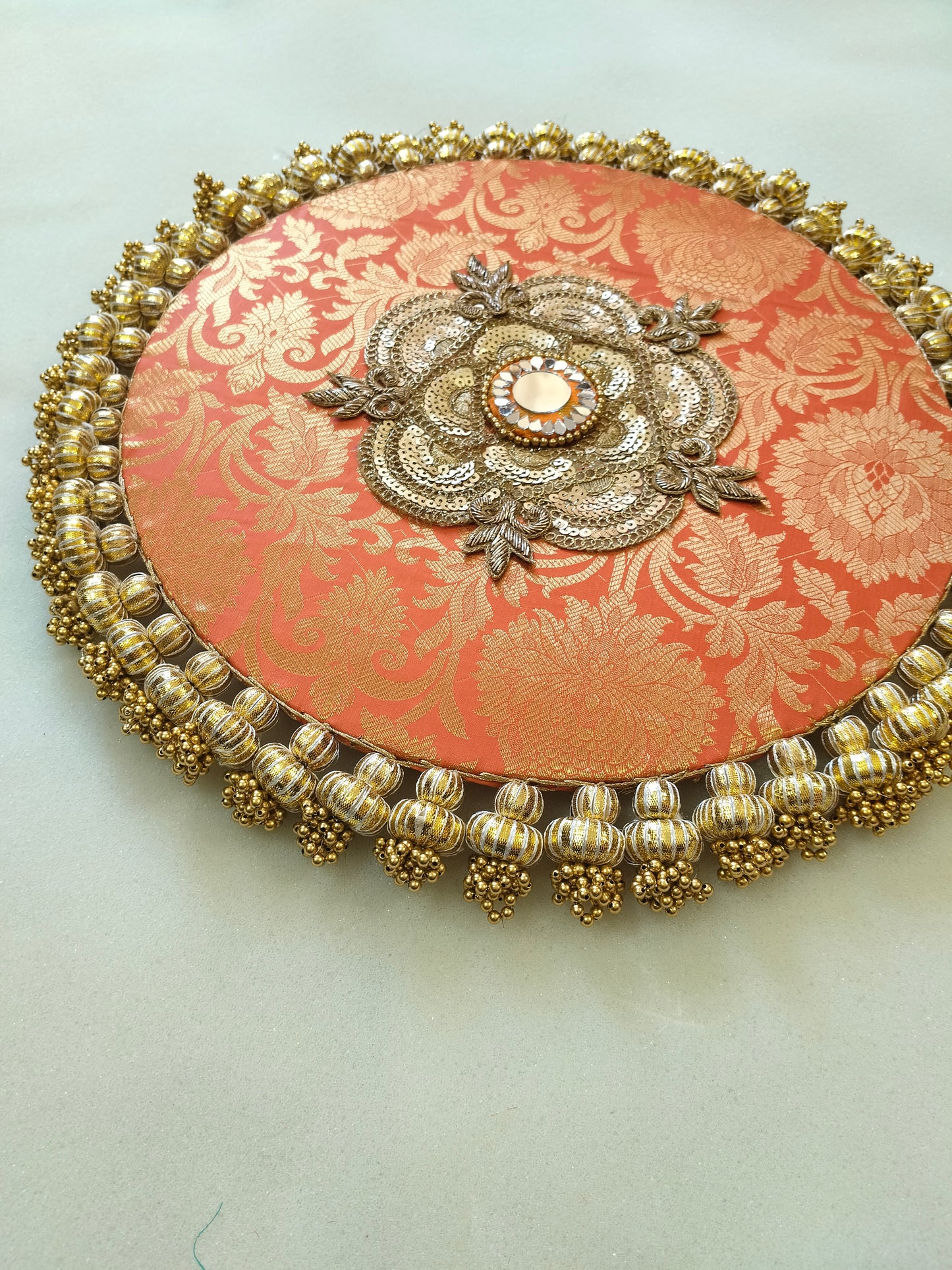 Mandala Placemat – Orange Dabka Flower | Various Sizes | Handcrafted Banarasi Decor