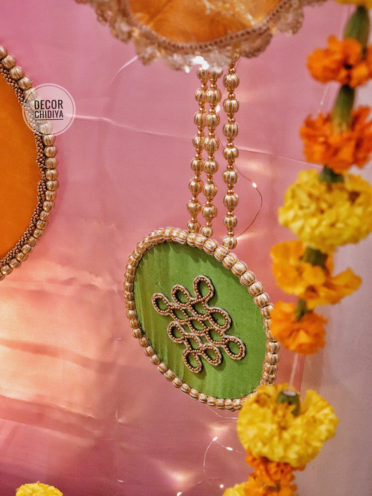 Aangan Mein Aarti - Pastel theme kolam inspired pooja setup - Pink, yellow and green