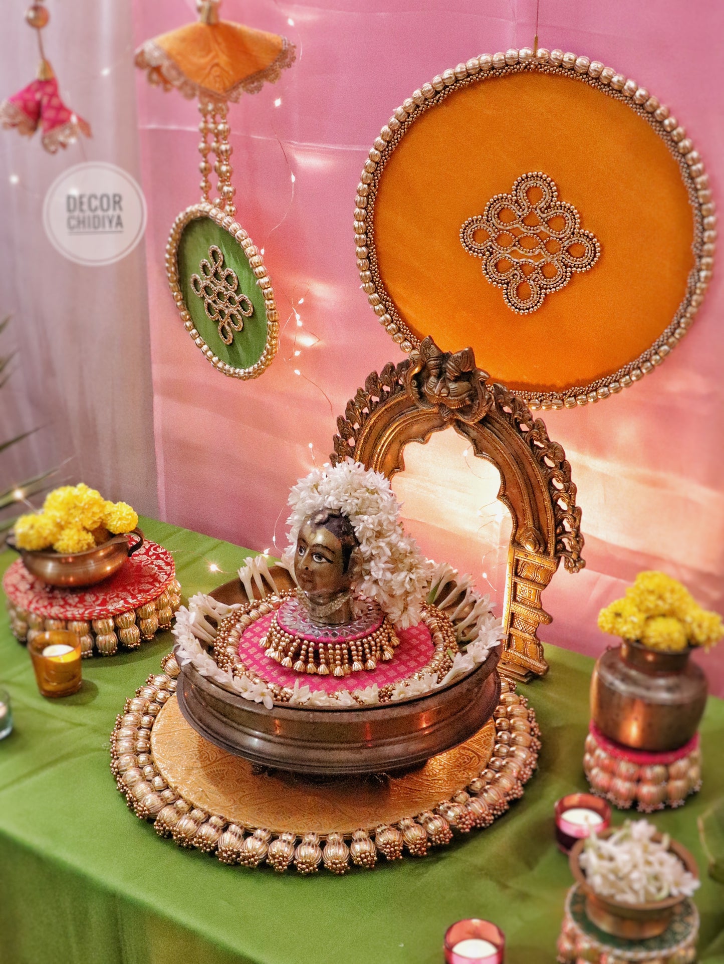 Aangan Mein Aarti - Pastel theme kolam inspired pooja setup - Pink, yellow and green
