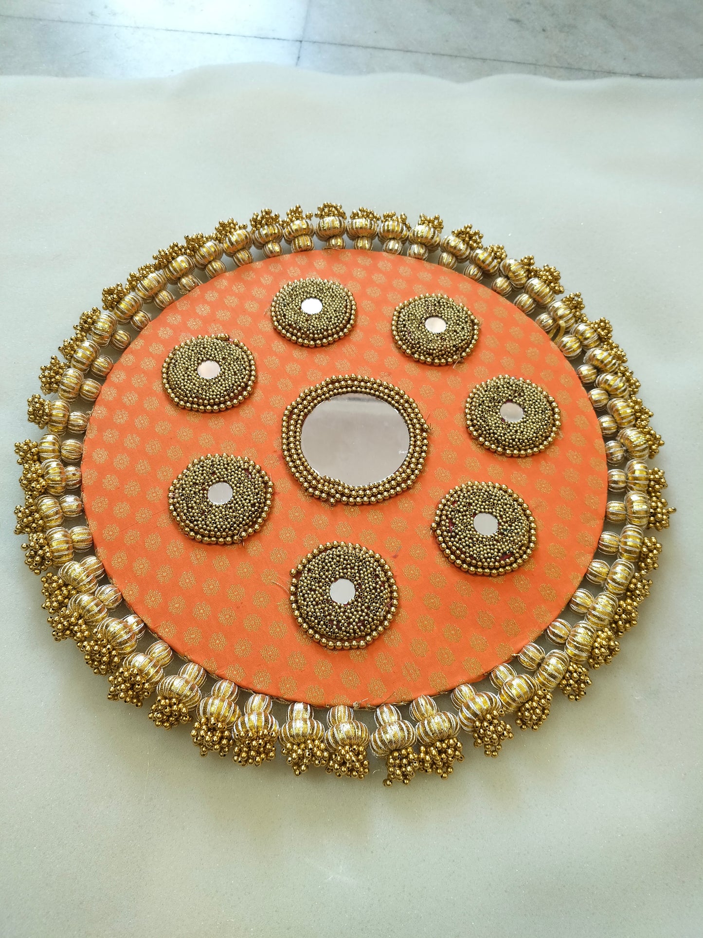 Mandala Placemat – Orange Dabka Flower | Various Sizes | Handcrafted Banarasi Decor