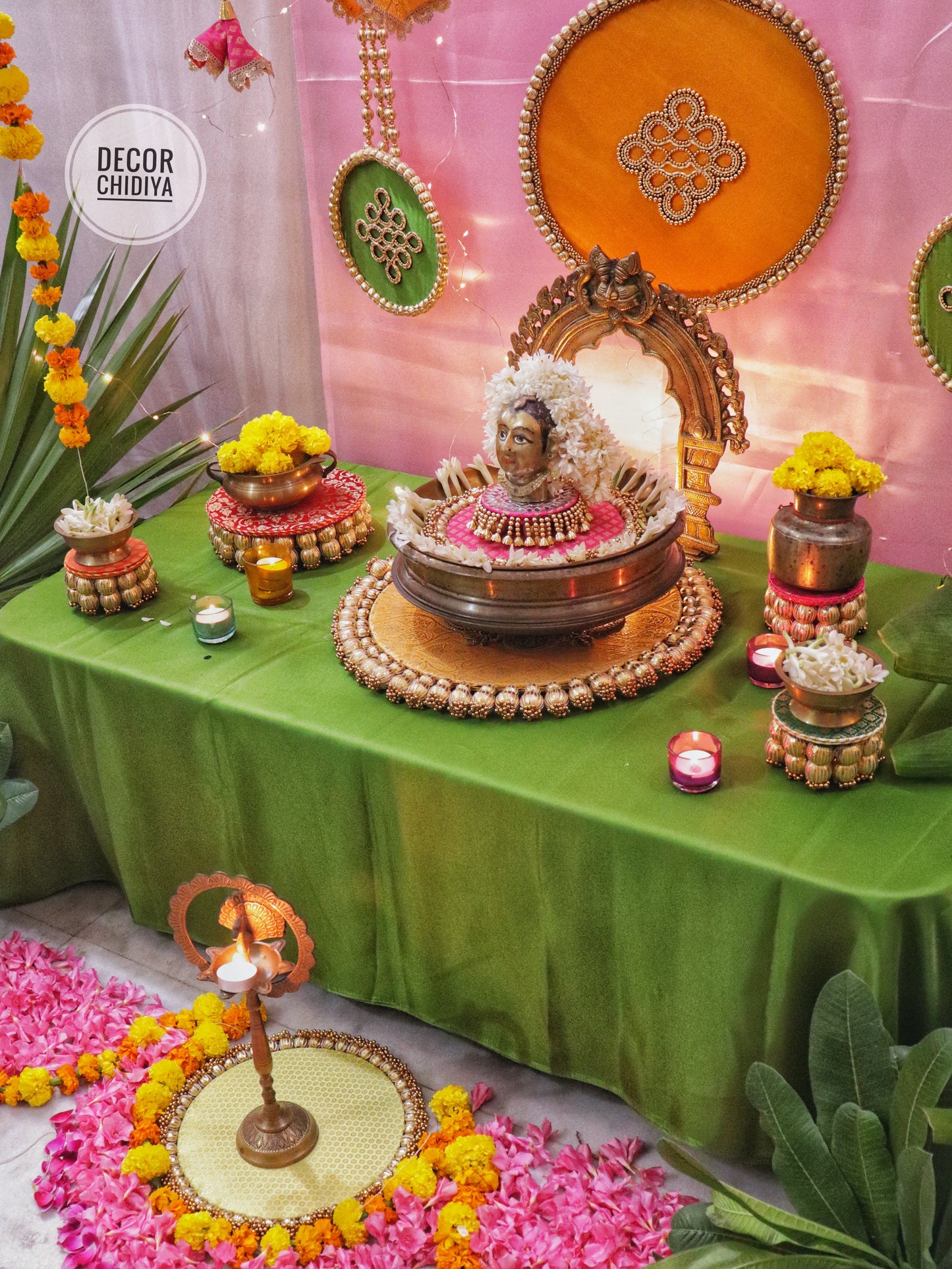 Aangan Mein Aarti - Pastel theme kolam inspired pooja setup - Pink, yellow and green