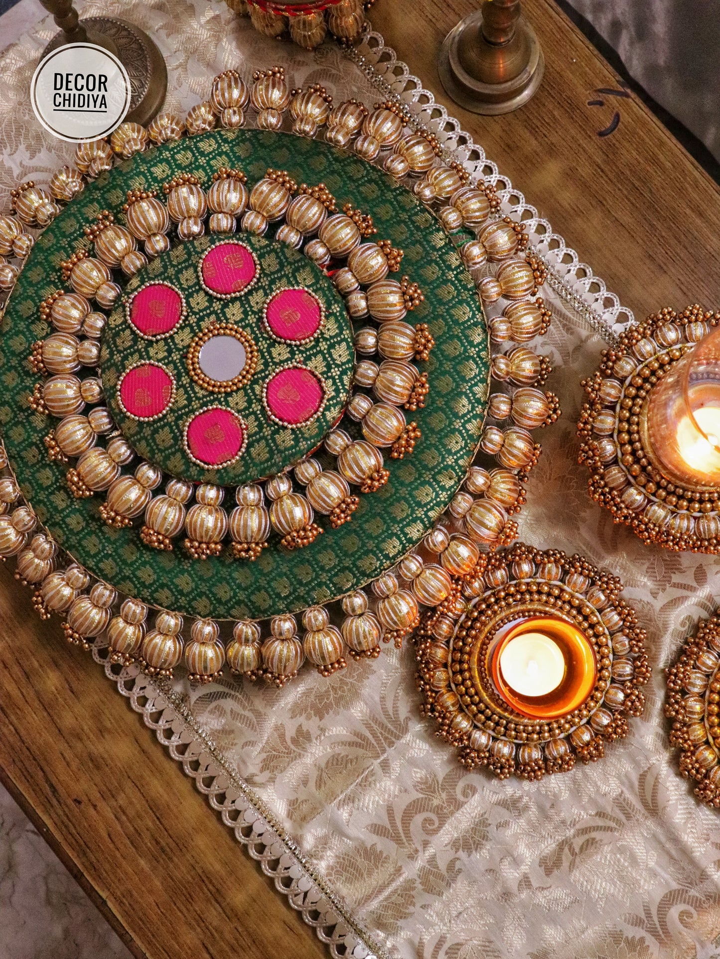 Mandala Coffee Table Decor Set – Green & Gold Placemat, Runner | Handmade Festive & Pooja Styling