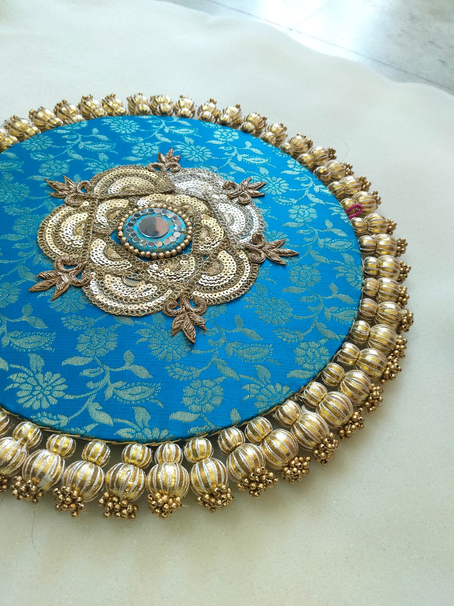 Mandala Placemat – Teal Blue Dabka Flower | Various Sizes | Handcrafted Banarasi Decor