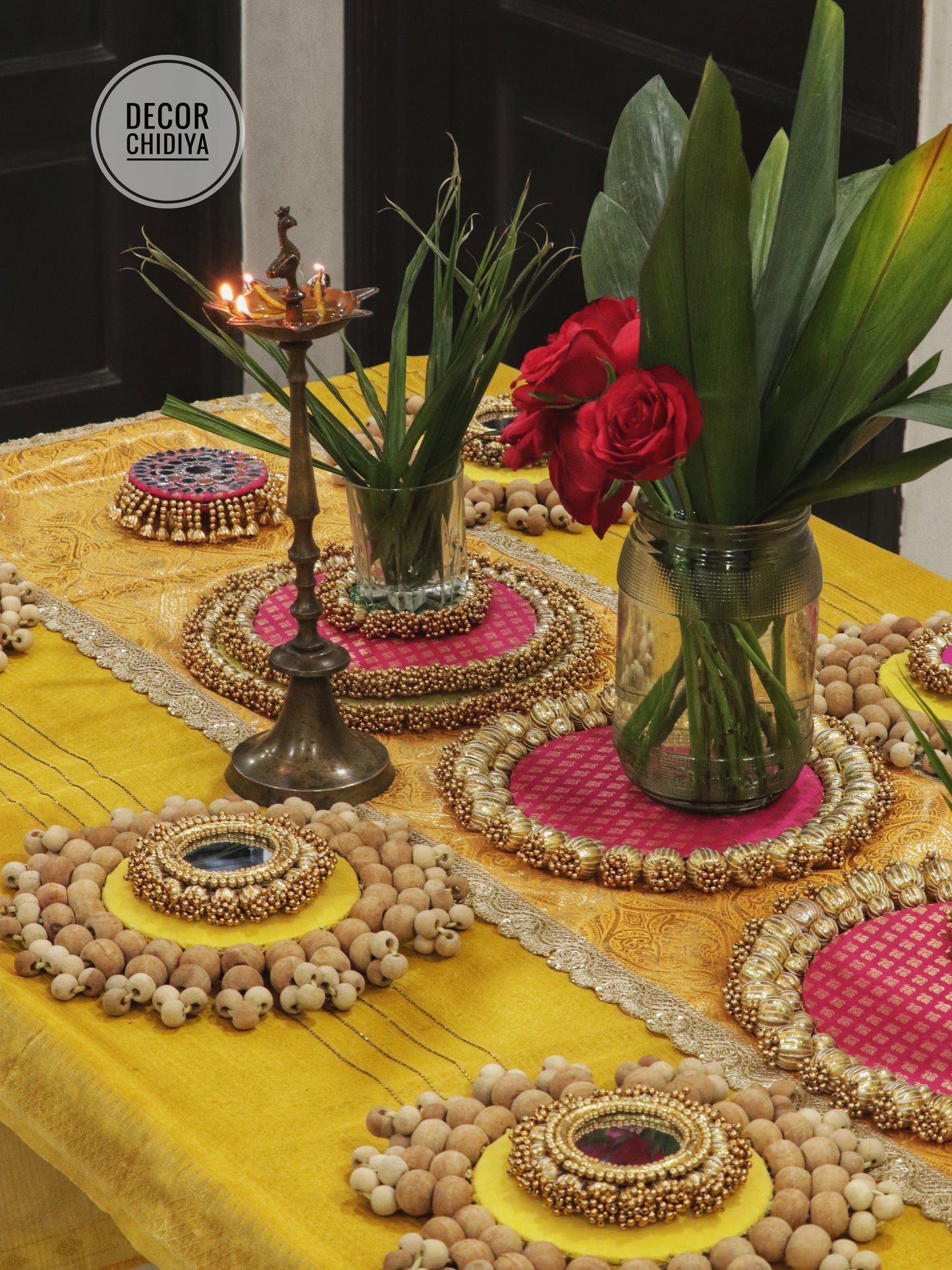 Abha – Haldi and Table Decor Set in Yellow & Pink | Indian Festive Tablescape Styling Kit ( complete set - 21 pcs)