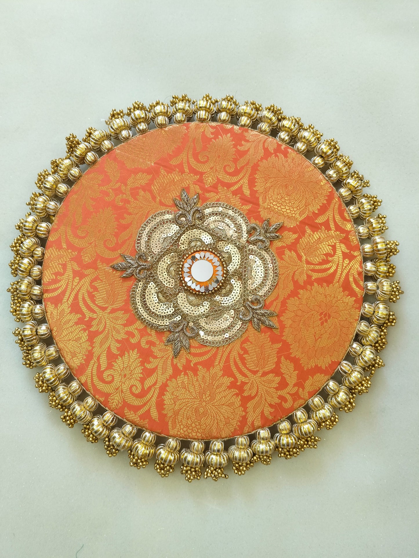 Mandala Placemat – Orange Dabka Flower | Various Sizes | Handcrafted Banarasi Decor