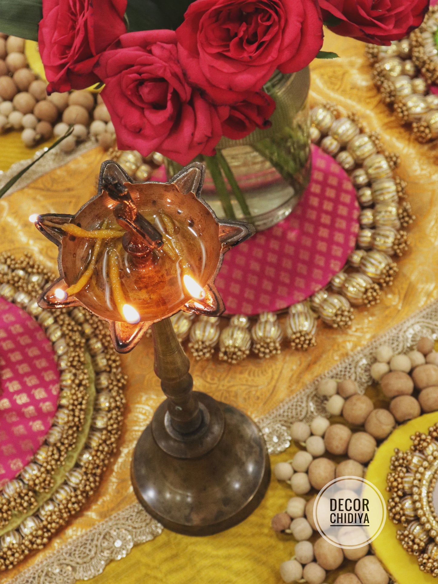 Abha – Haldi and Table Decor Set in Yellow & Pink | Indian Festive Tablescape Styling Kit ( complete set - 21 pcs)