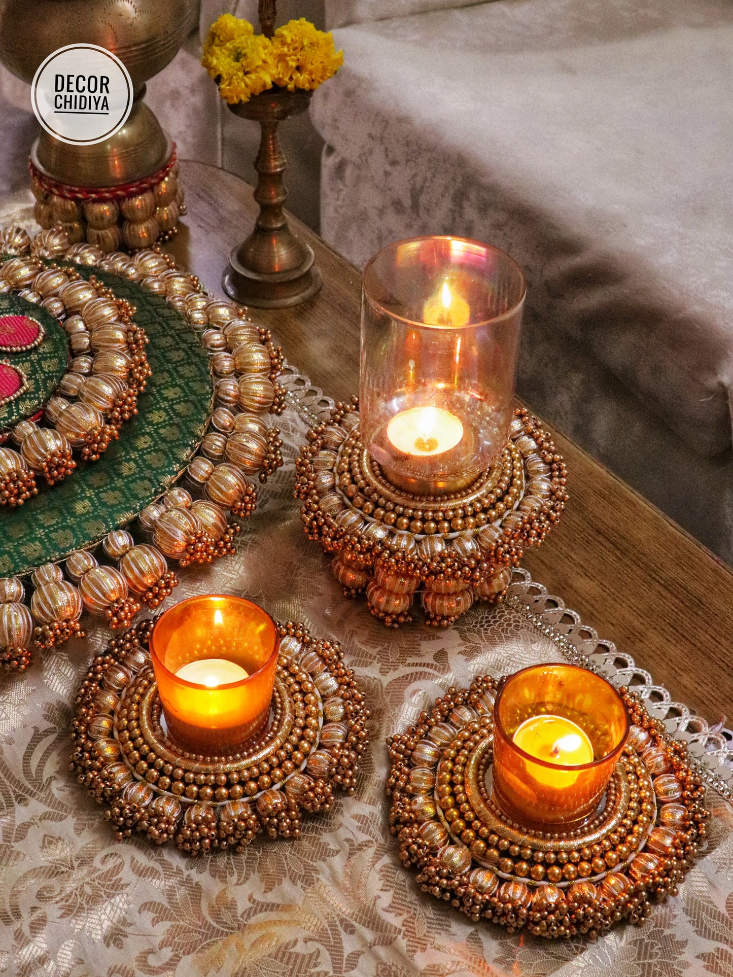 Mandala Coffee Table Decor Set – Green & Gold Placemat, Runner | Handmade Festive & Pooja Styling