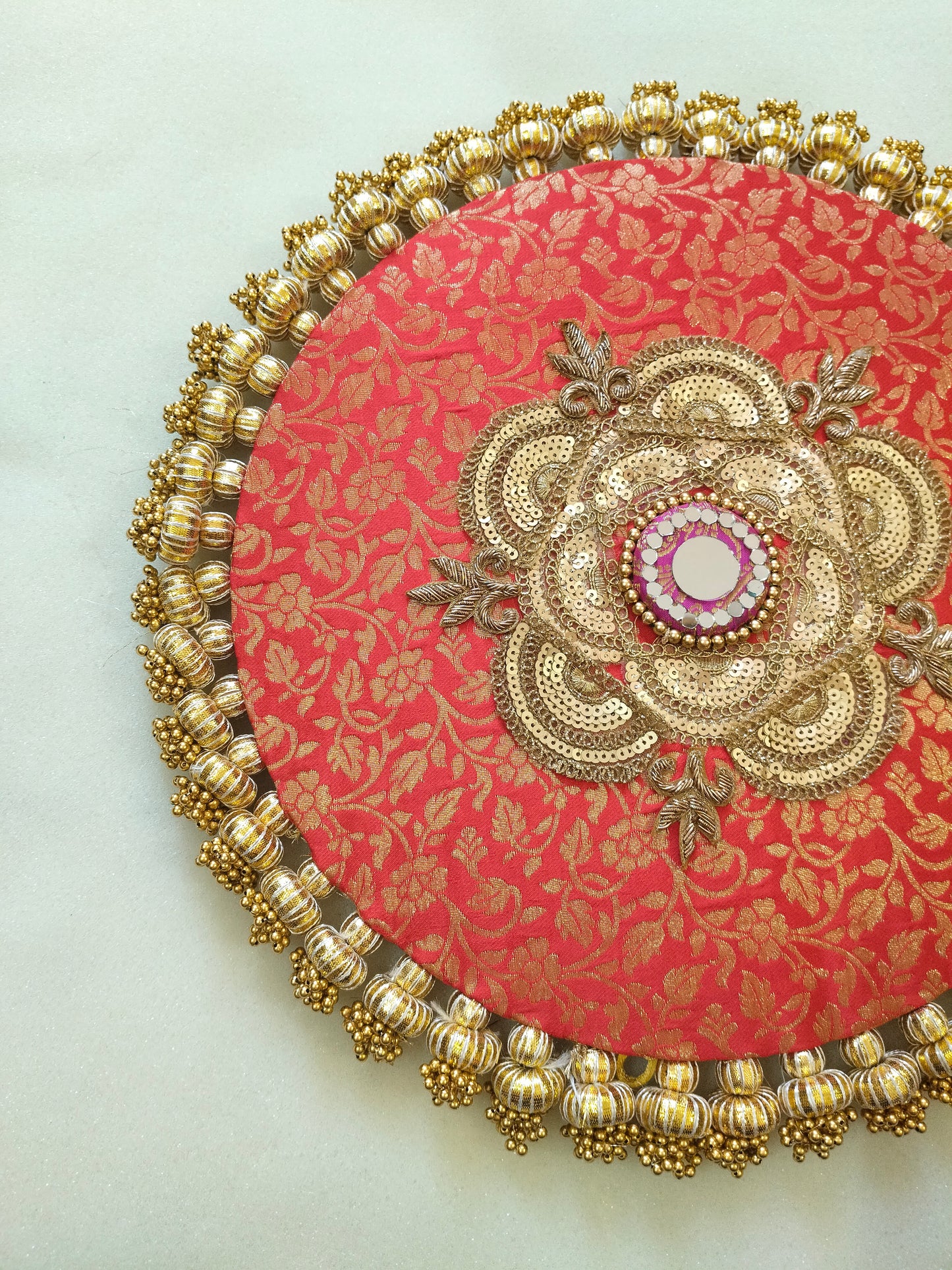 Mandala Placemat – Red Dabka Flower | Various Sizes | Handcrafted Banarasi Decor