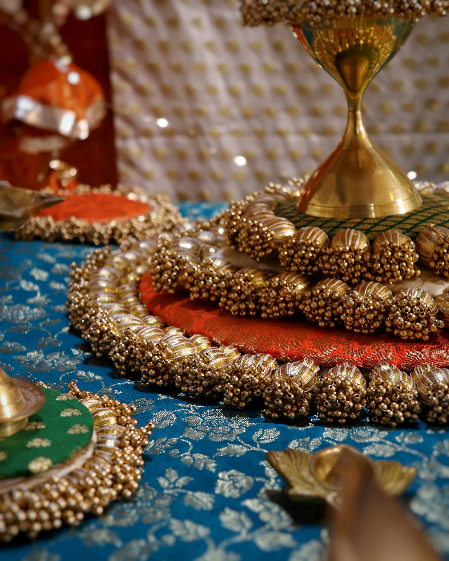 Boho Chic Ensemble: Multicolor Placemat with Gota Tassels, Brass Décor, and Mini Hangings Set