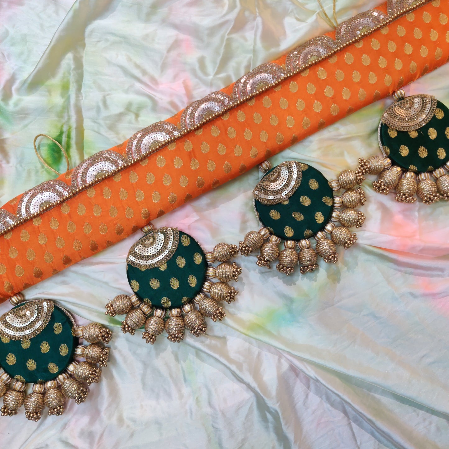 Classic - long sides - Ardhchandrama or Circular pendant Toran - Narangi Hara - small motifs brocade toran