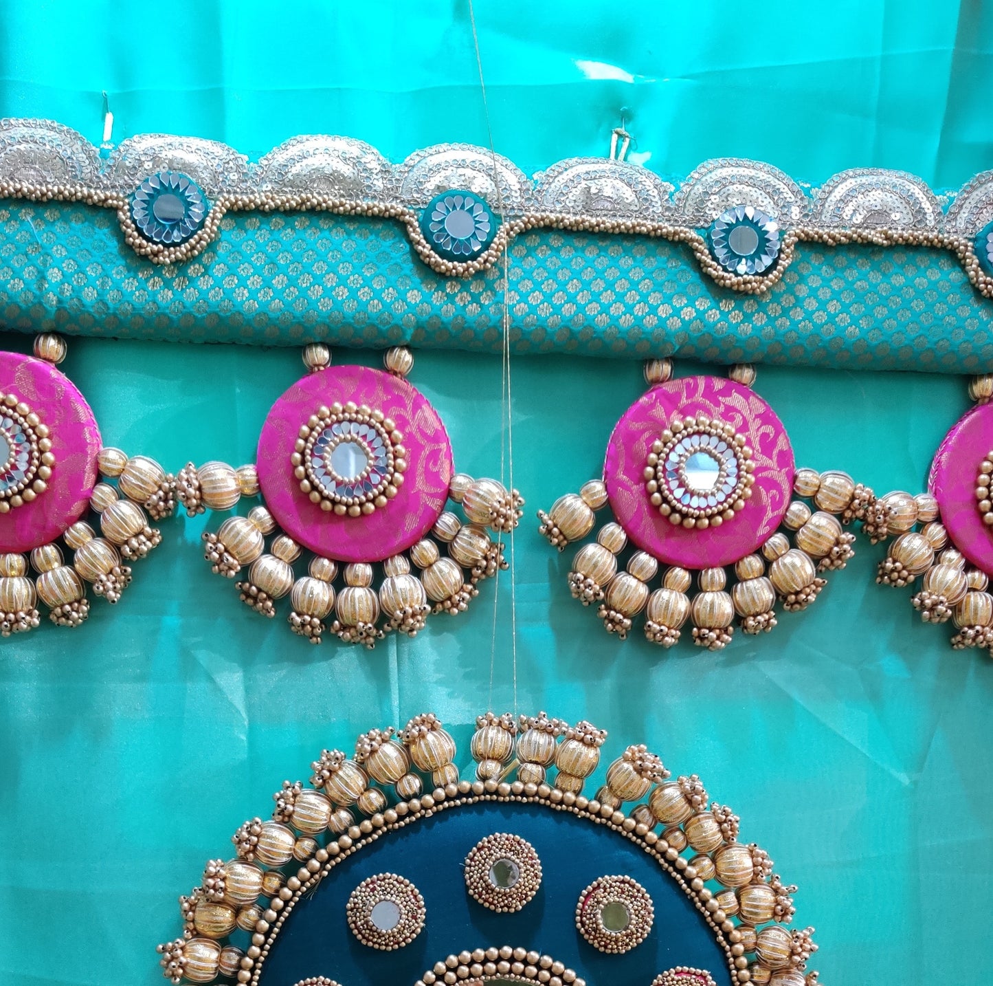 Exclusive - Ardhchandrama or Circular pendant Toran - Cyan Gulabi - small motifs brocade toran