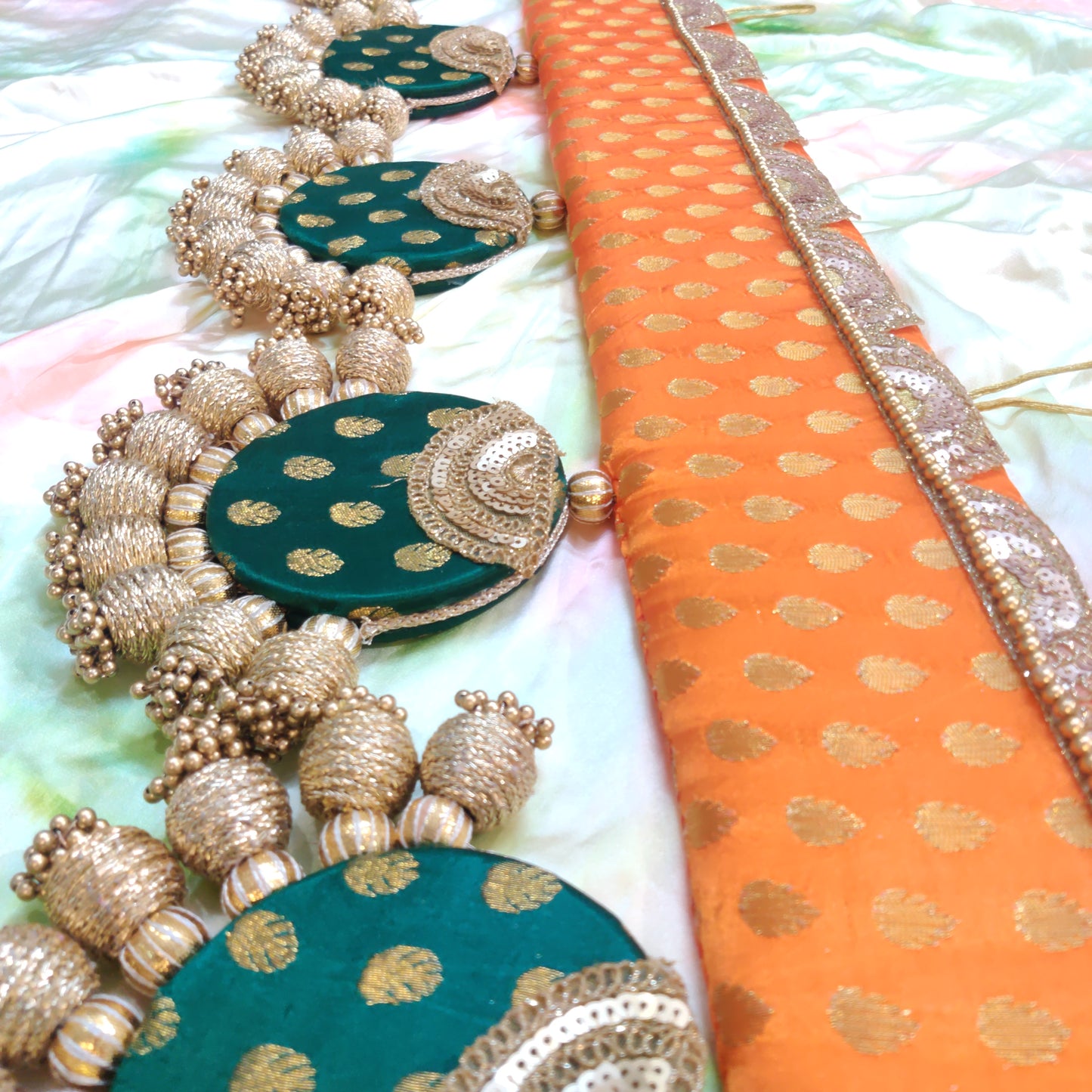 Classic - long sides - Ardhchandrama or Circular pendant Toran - Narangi Hara - small motifs brocade toran