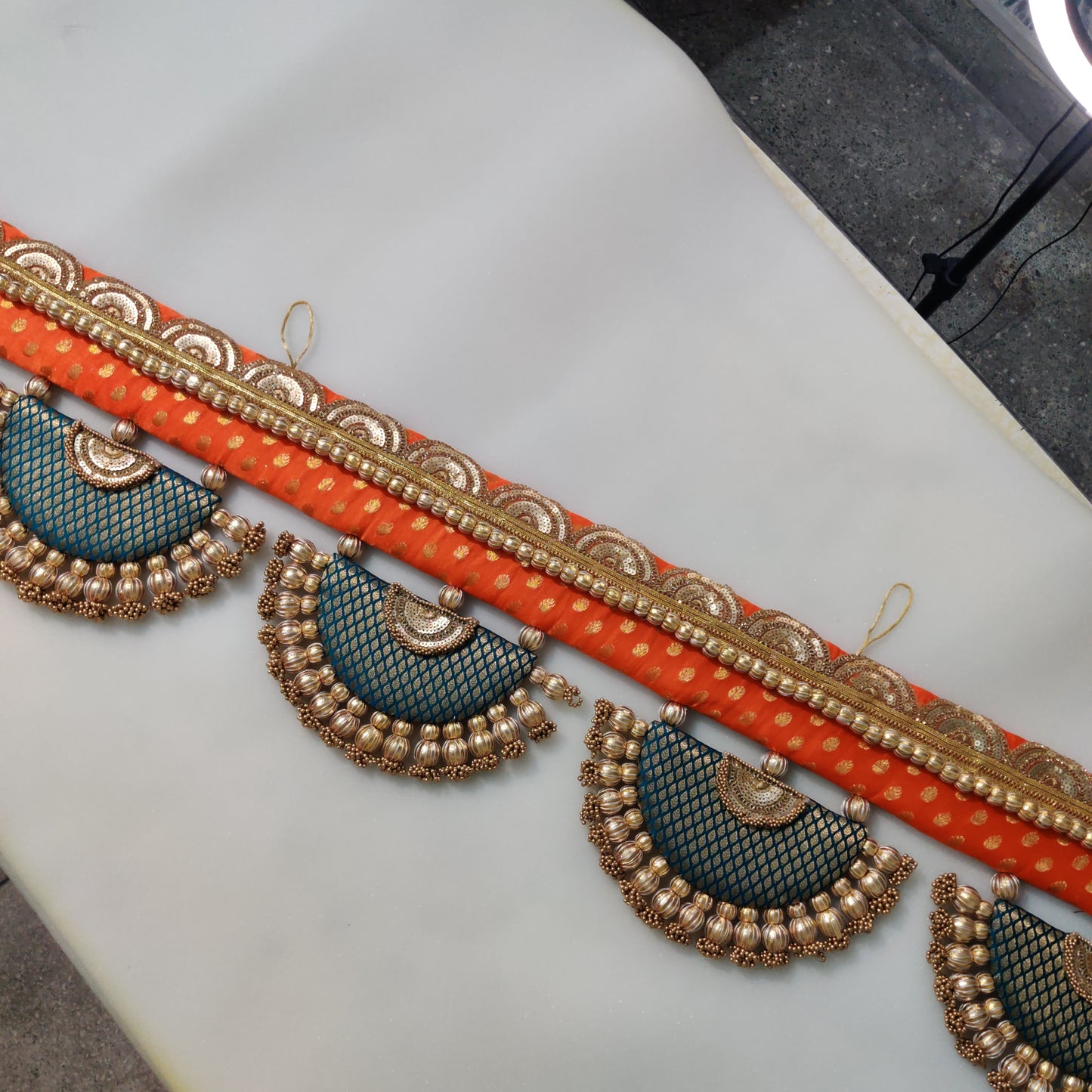 Classic Adhruv or halfmoon Toran -Narangi aur Mor ranga - small motifs brocade toran