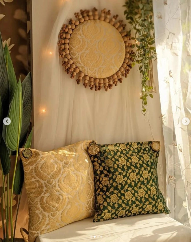 Green & Beige Brocade Ensemble: 2 Placemats (14 inches), 1 runner & 2 Cushion Covers Set