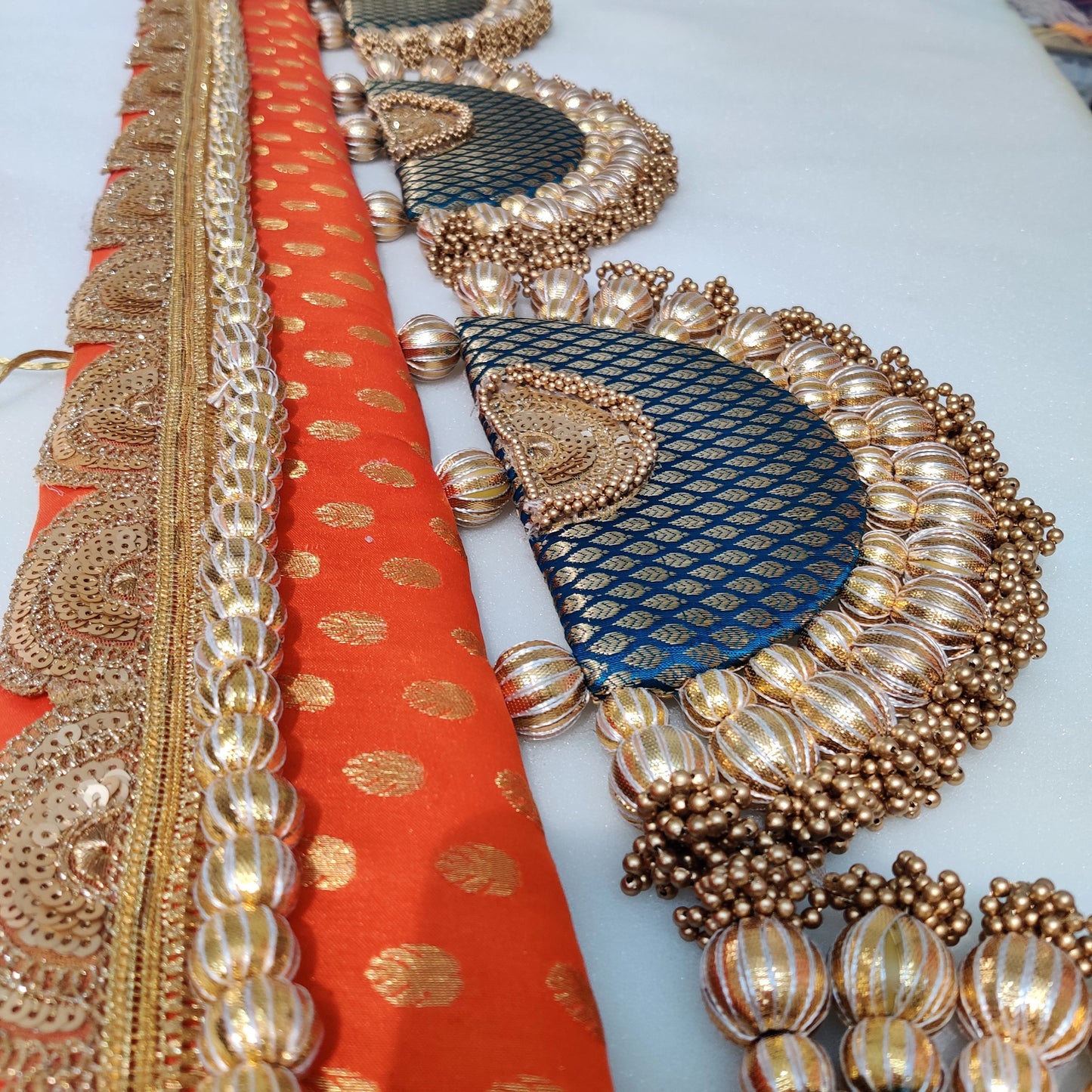 Classic Adhruv or halfmoon Toran -Narangi aur Mor ranga - small motifs brocade toran