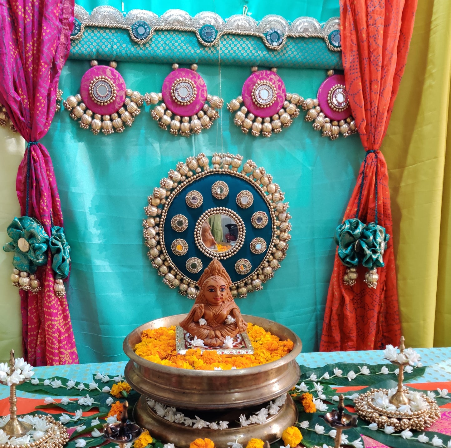 Exclusive - Ardhchandrama or Circular pendant Toran - Cyan Gulabi - small motifs brocade toran