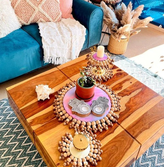 Blush Pink & Pastel Green Wooden Beads Placemat Set: Elegant 6-Piece Dining Ensemble