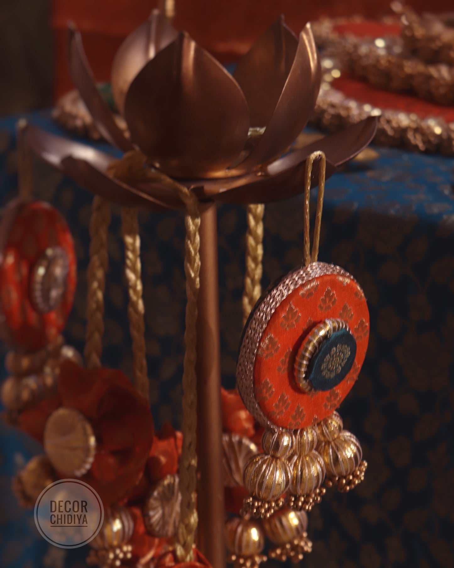 Boho Chic Ensemble: Multicolor Placemat with Gota Tassels, Brass Décor, and Mini Hangings Set