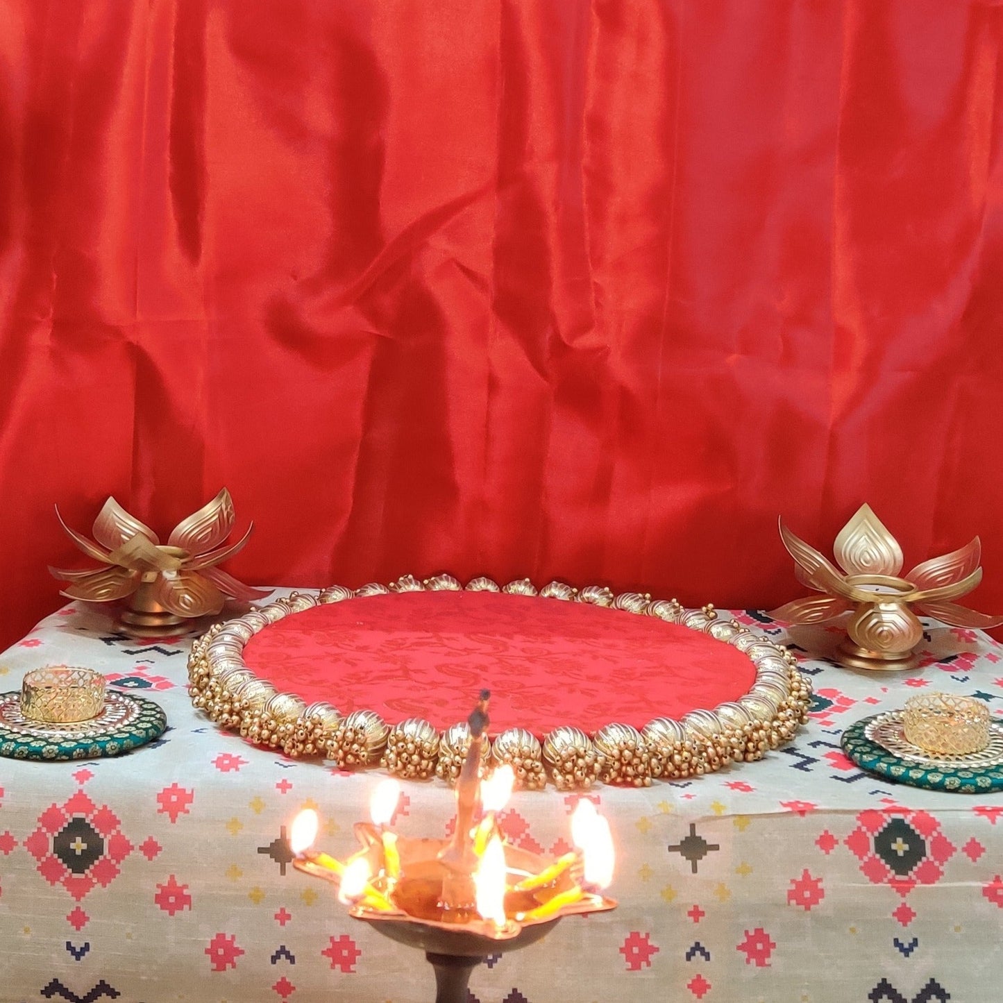 Red Radiance Decor Set: Toran, Backdrop, Side Hangings & Tealight Holder Ensemble