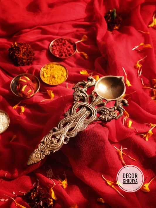Antique Achmani | Handcarved Brass Temple Achmani diya