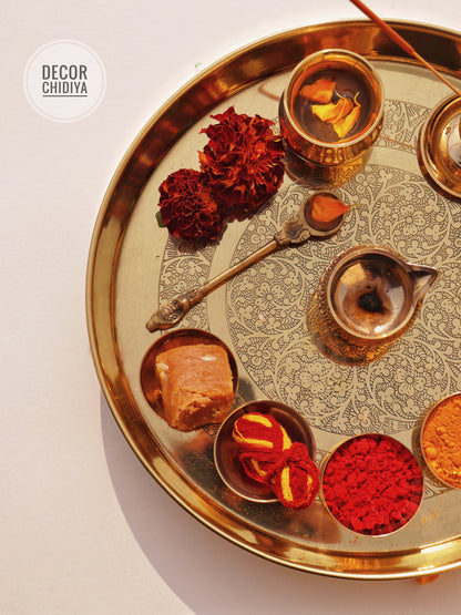 Pure Brass Pooja Thali Set – 12 Pc | Premium Puja Plate for Home Temple