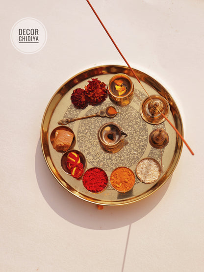 Pure Brass Pooja Thali Set – 12 Pc | Premium Puja Plate for Home Temple