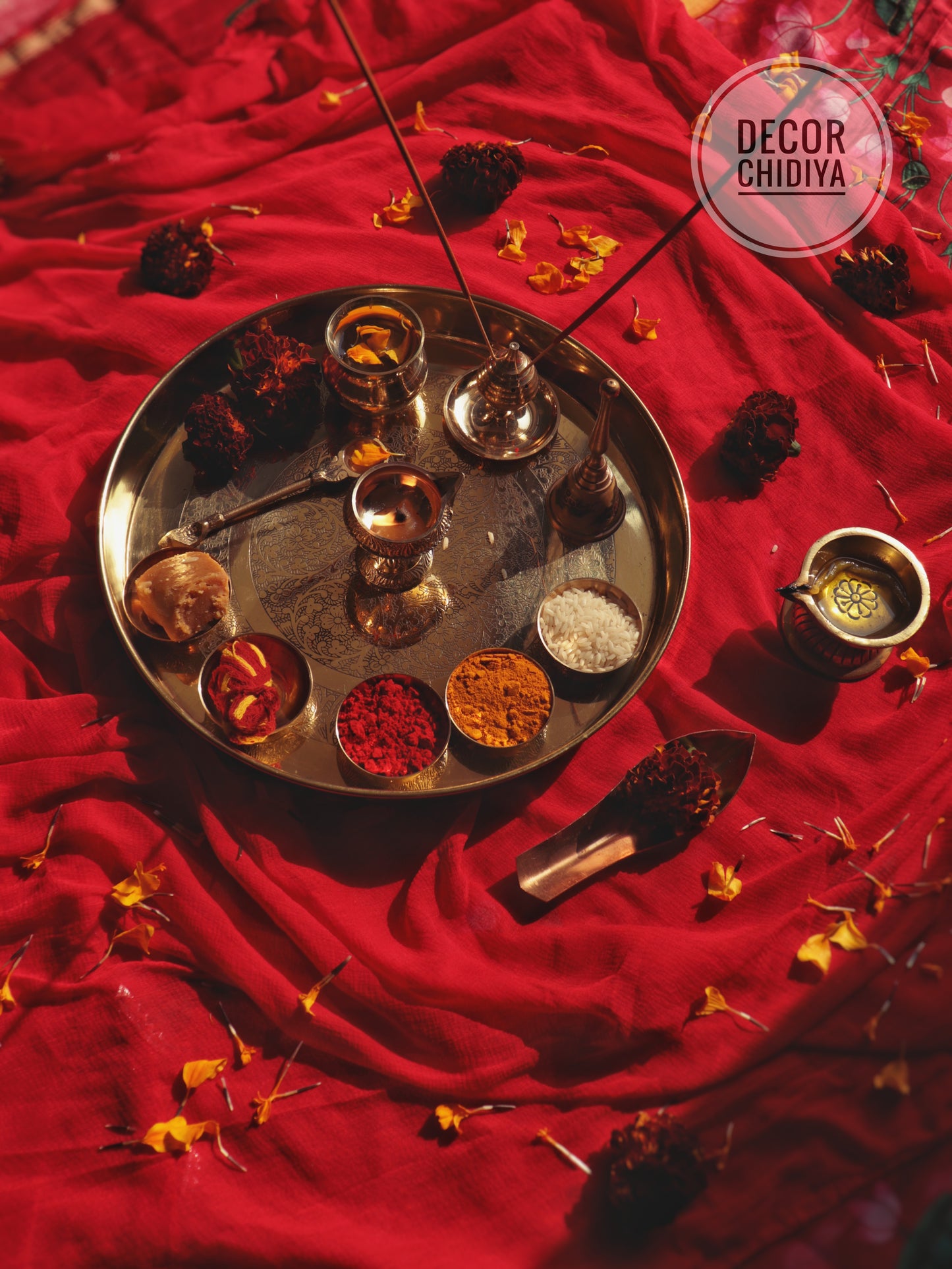 Pure Brass Pooja Thali Set – 12 Pc | Premium Puja Plate for Home Temple