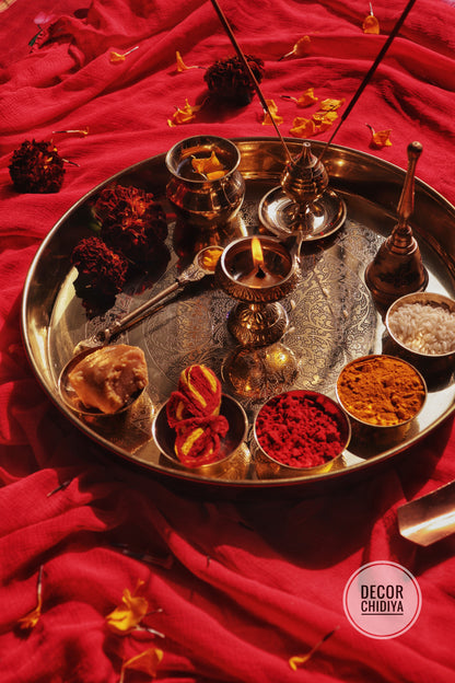 Pure Brass Pooja Thali Set – 12 Pc | Premium Puja Plate for Home Temple