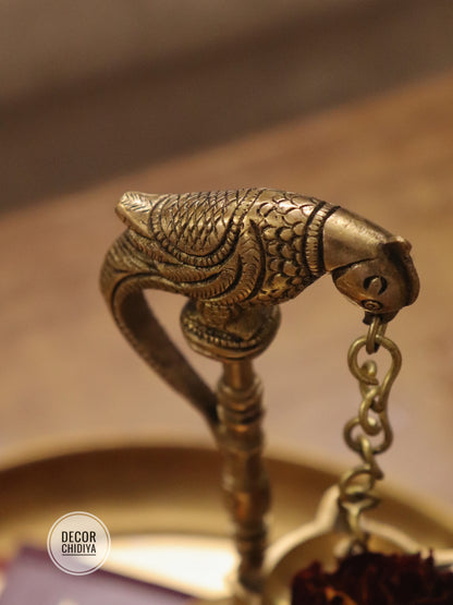 Handcrafted Brass Parrot Diya Hanging Combo Set – Antique Gold Finish (3-Piece Set)