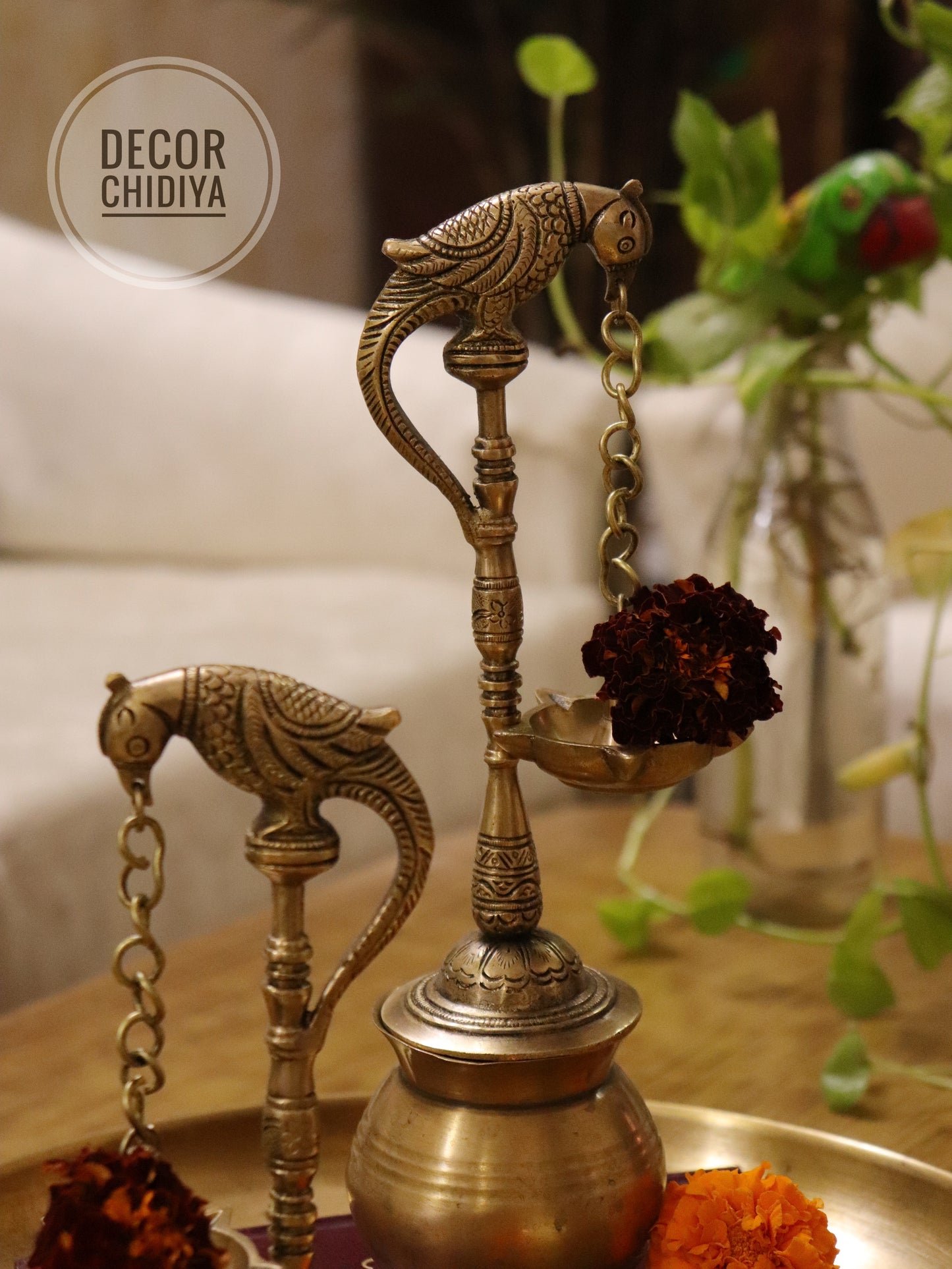 Handcrafted Brass Parrot Diya Hanging Combo Set – Antique Gold Finish (3-Piece Set)