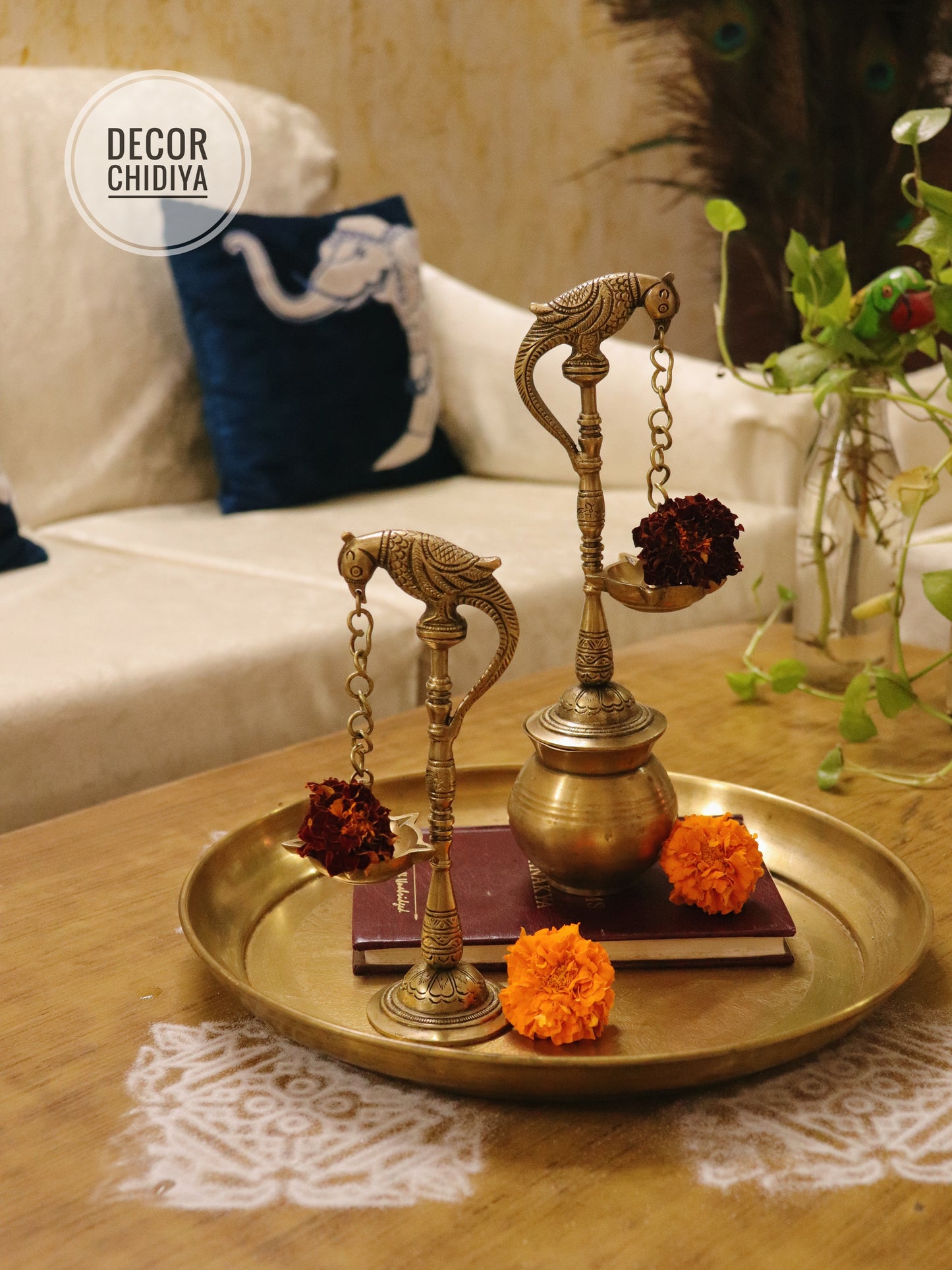 Handcrafted Brass Parrot Diya Hanging Combo Set – Antique Gold Finish (3-Piece Set)