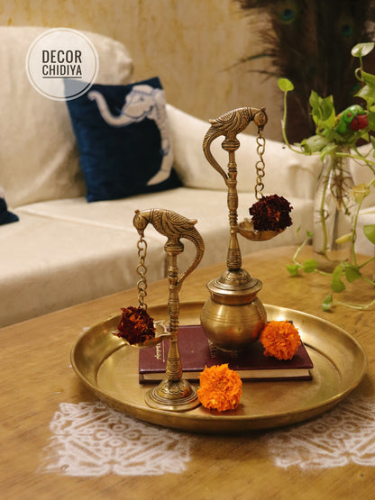 Handcrafted Brass Parrot Diya Hanging Combo Set – Antique Gold Finish (3-Piece Set)