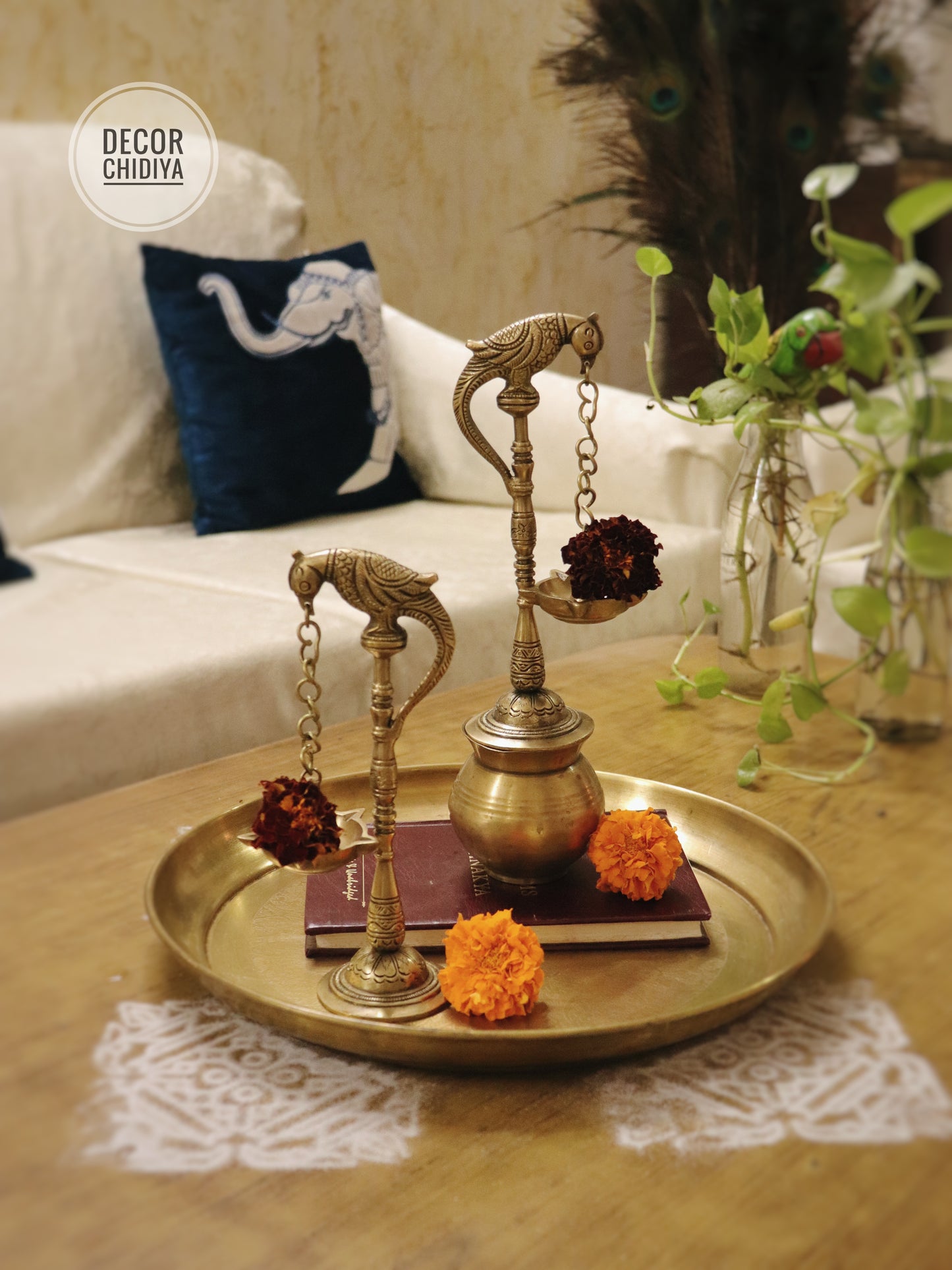 Handcrafted Brass Parrot Diya Hanging Combo Set – Antique Gold Finish (3-Piece Set)