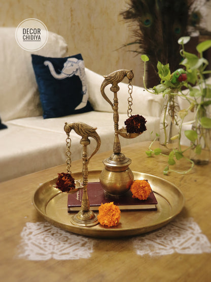 Handcrafted Brass Parrot Diya Hanging Combo Set – Antique Gold Finish (3-Piece Set)